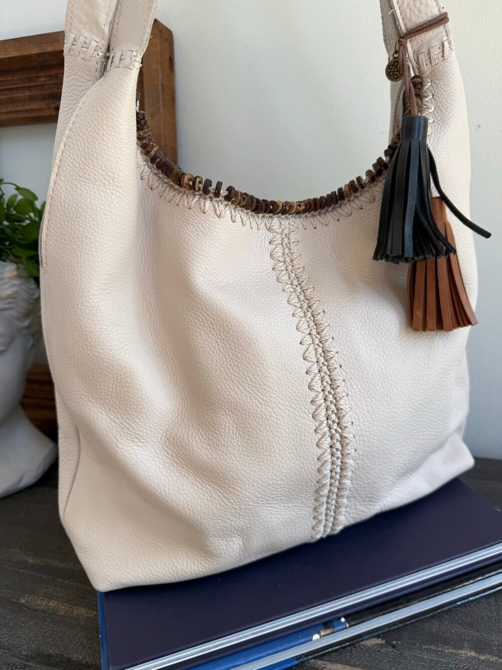 The Sak Huntley Crochet Hobo Bag Cream Pebbled Leather Tassel
